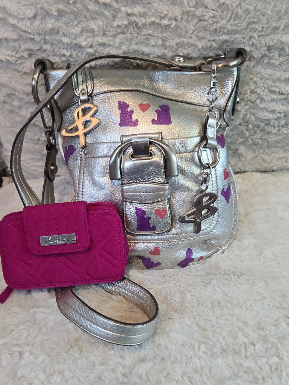 b. makowsky Silver Crossbody with Purple & Pink Accents And Vera Bradley Wallet